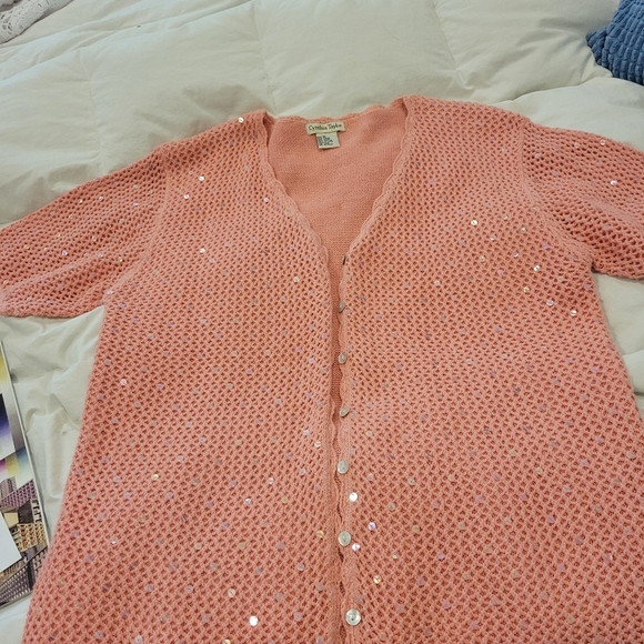 Cynthia Taylor Orange Open Weave Knit Short Sleeve Sweater Shrug Sparkles MED - Picture 11 of 11